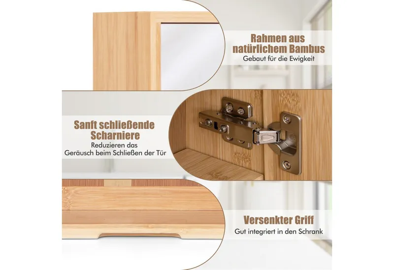 COSTWAY COSTWAY Spiegelschrank Bambus, mit 2 Türen, 2 verstellbaren Regalen, 65cm, Beige, – Produktbild 5 von 5