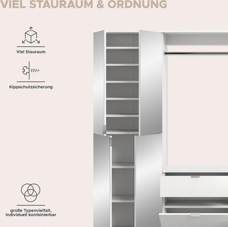 Home affaire Garderoben-Set TRONDHEIM, 5-teilig, Breite 152cm, individuell platzier- & erweiterbar, (Set, 4-St., bestehend aus: 2x Garderobenschrank & 3-tlgs. Zwischenbauelement), Garderobenschrank, Kleiderschrank, Schrankkombination, Garderobe, Weiß, – Produktbild 1 von 4