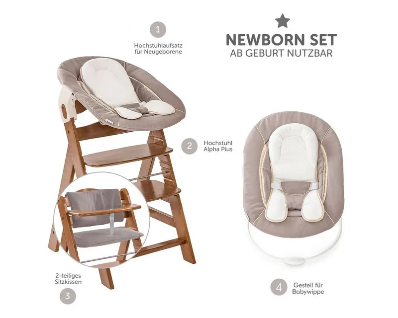 Hauck Hauck Hochstuhl Alpha Plus Newborn Set - Walnut, Holz Babyhochstuhl ab Geburt inkl. Neugeborenenaufsatz & Sitzauflage, Braun, – Produktbild 2 von 5