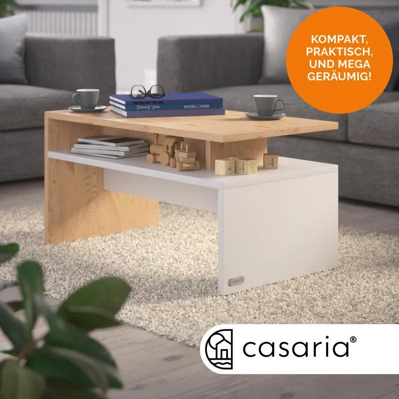 Casaria® Couchtisch Sacramento Weiß/Eiche 95x55x50cm, Mehrfarbig, – Produktbild 1 von 2