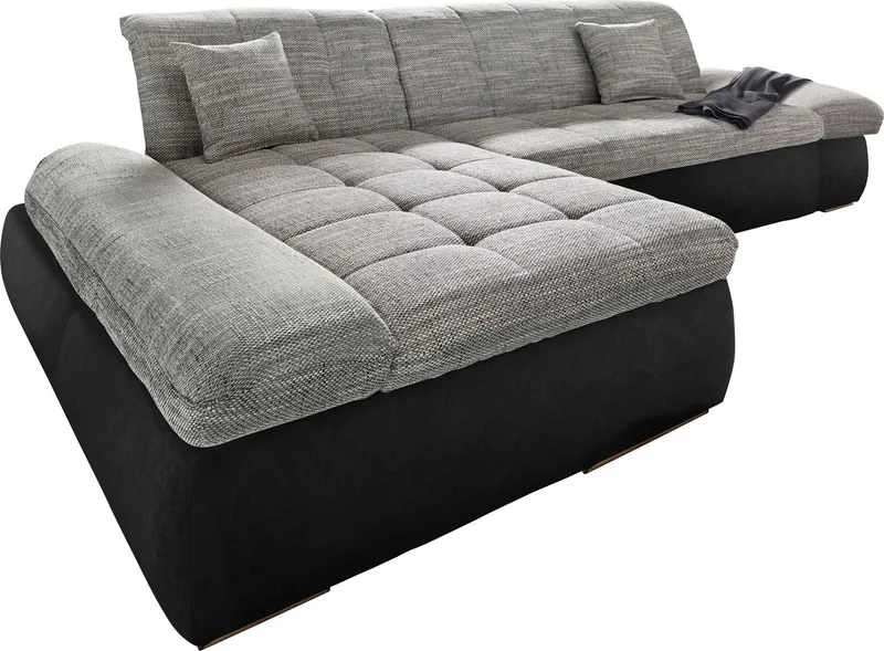 DOMO collection Ecksofa PB MORIC wahlweise mit Bettfunktion + Armteilverstellung, L-Form, im XXL-Format, B/T/H:300/172/80 cm, feine Steppung, Grau|schwarz, – Produktbild 6 von 8