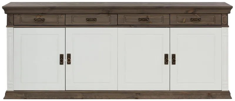 OTTO home Sideboard Vinales, Kommode, 4 Schubkästen, 4 Türen, 4 Fächer (B/T/H:202/39/83 cm), Massivholz, Messinggriffe im Jugendstil, Zierleisten, eleganter Sockel, Weiß, – Produktbild 5 von 5