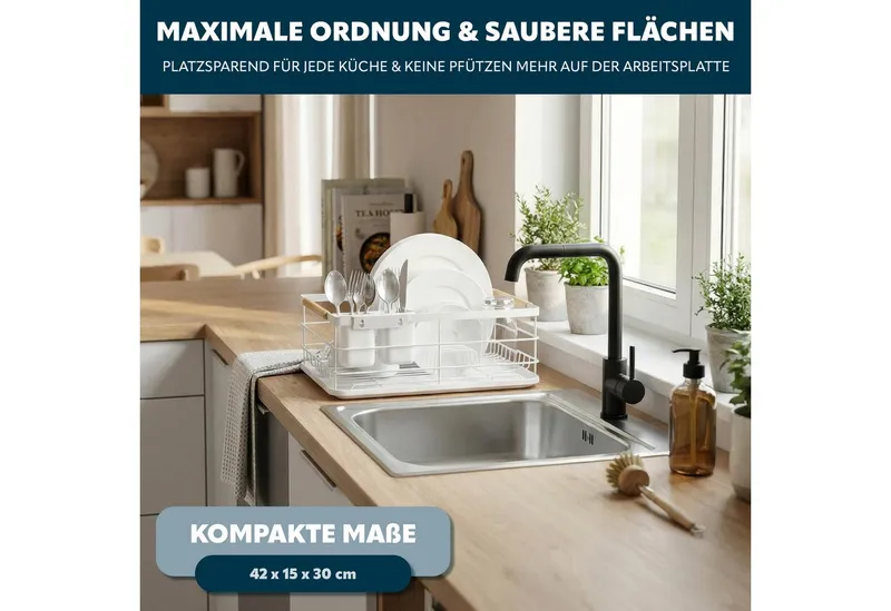 eluno Geschirrständer Metall-Abtropfgestell mit Abtropfschale für Geschirr mit Besteckhalter, Weiß, – Produktbild 2 von 5