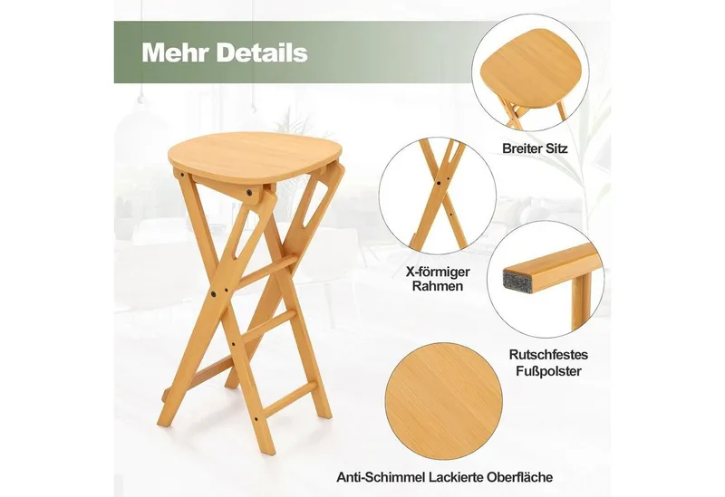 KOMFOTTEU Barhocker Barstuhl (2er Set), Klapphocker aus Bambus, bis 150kg Belastbar, Beige, – Produktbild 4 von 5