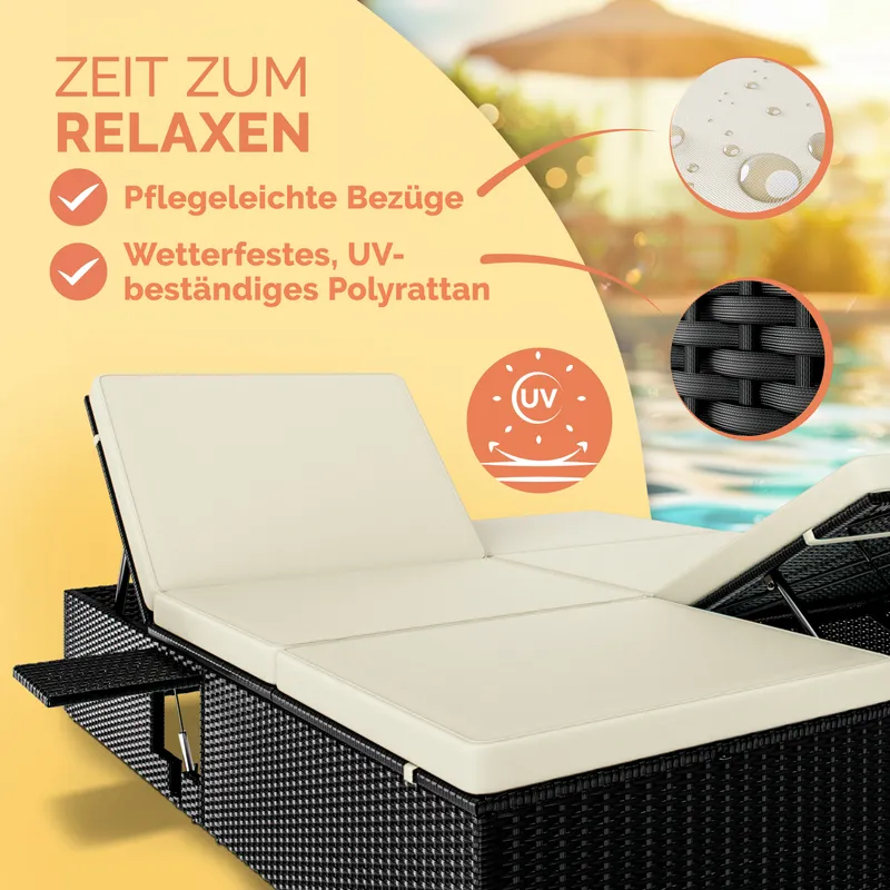 Casaria® Casaria® Polyrattan Sonnenliege Schwarz/Creme 200x160x33cm – Produktbild 2 von 2