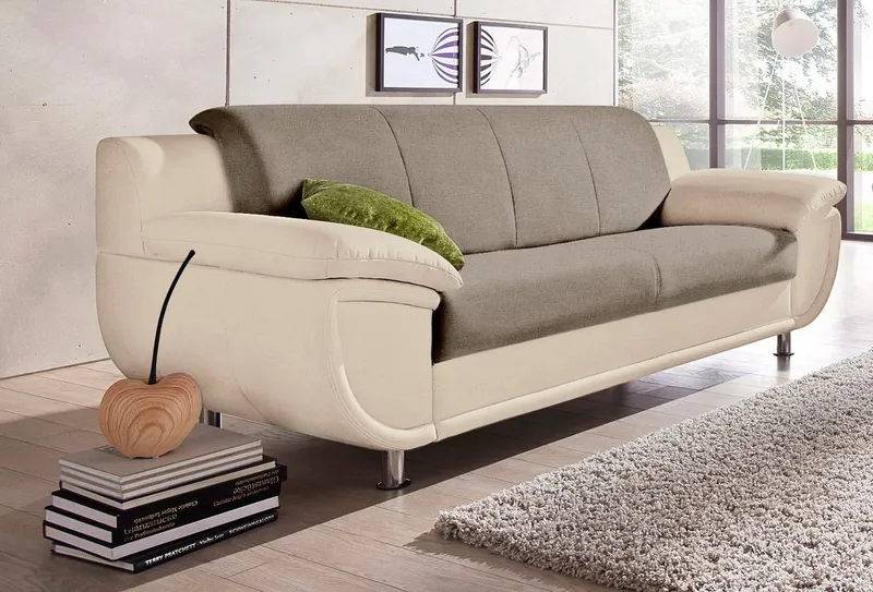 TRENDMANUFAKTUR 3-Sitzer Rondo III 207 cm, modern, bequem, Materialmix, Chromfüße, wahlweise mit Federkern, extrabreite Armlehnen zum Relaxen, Beige, – Produktbild 1 von 5