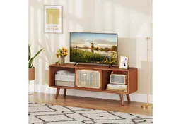 COSTWAY COSTWAY TV-Schrank mit 2 Schiebetüren, Glas und Bambus TV Ständer – Produktbild 1 von 1