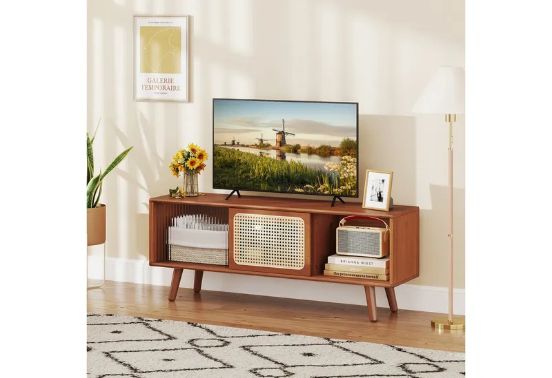 COSTWAY COSTWAY TV-Schrank mit 2 Schiebetüren, Glas und Bambus TV Ständer, Braun, – Produktbild 1 von 5