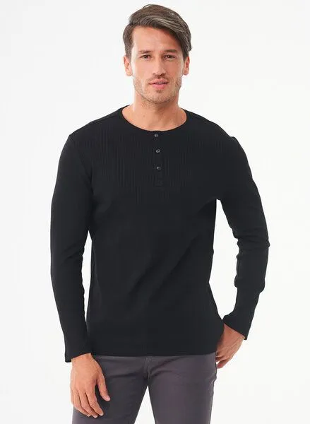 ORGANICATION ORGANICATION Geripptes Henley Langarmshirt aus Bio-Baumwolle, Black, – Produktbild 1 von 4