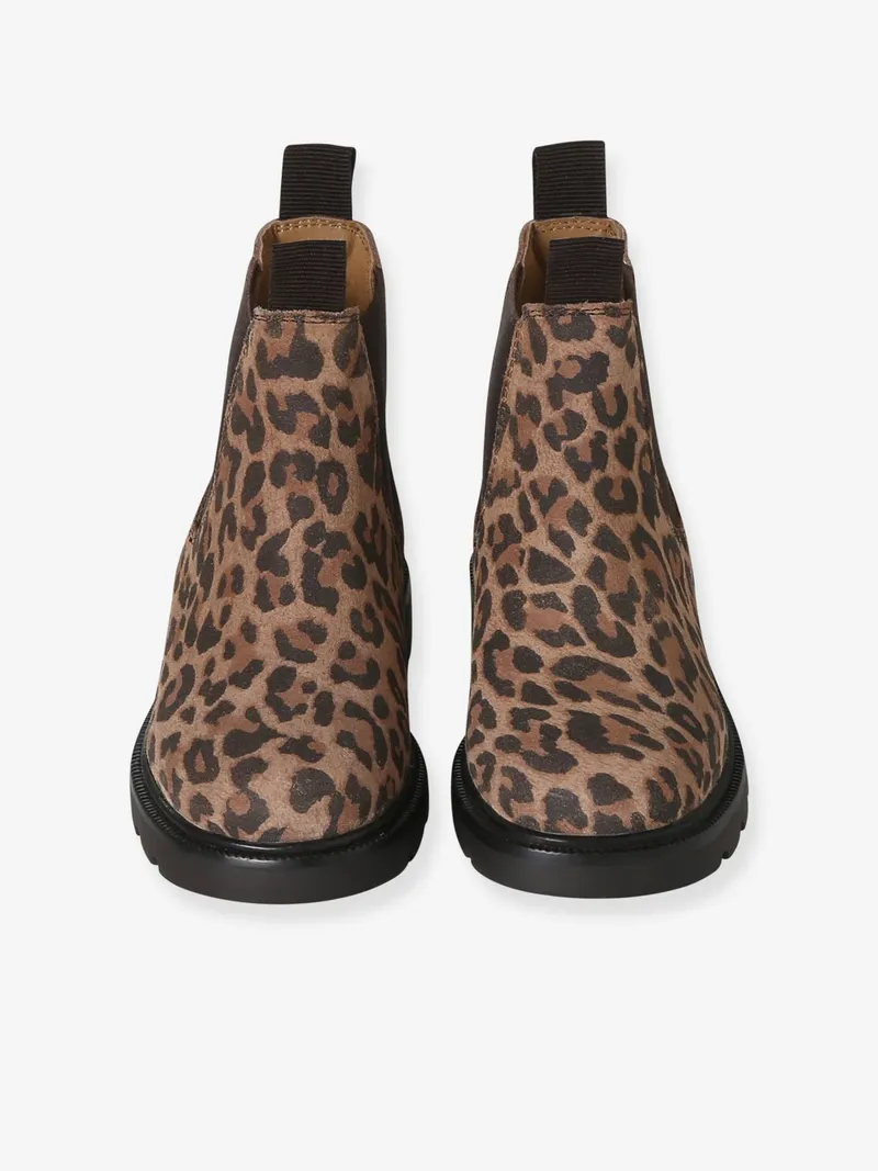 Vertbaudet Vertbaudet Leder-Boots mit Dehneinsätzen und Profilsohle Leo-Print Mädchen, Beige, – Produktbild 4 von 4