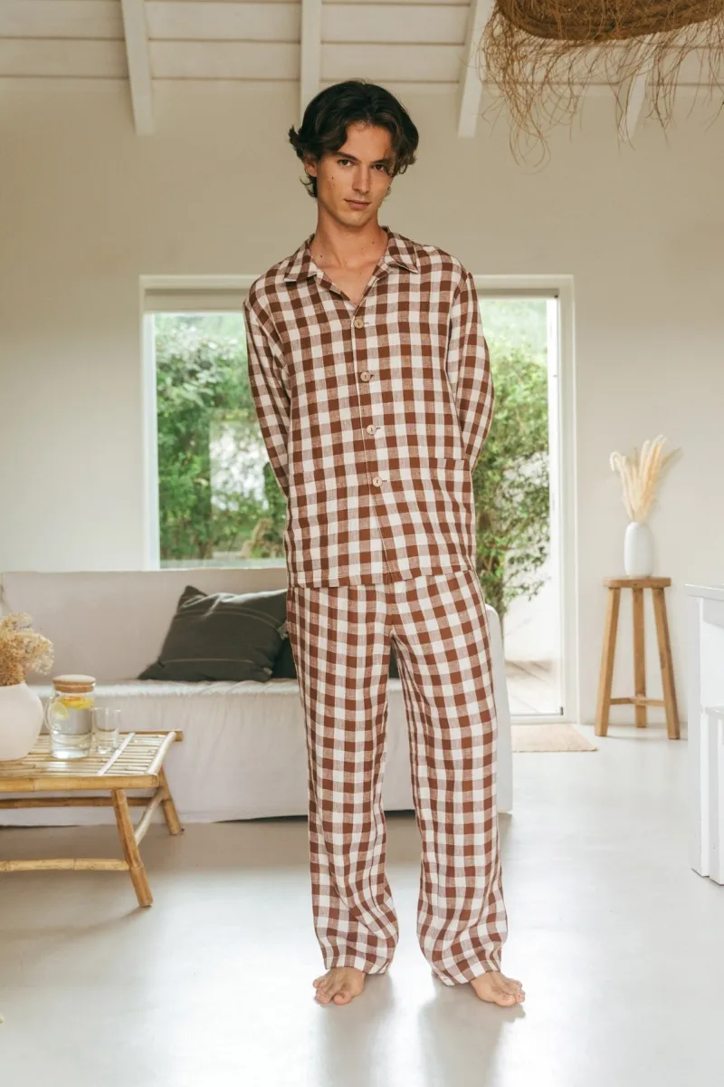 AmourLinen AmourLinen Herren vegan Set Loungewear Oliver Mocha Gingham, Braun, – Produktbild 2 von 2