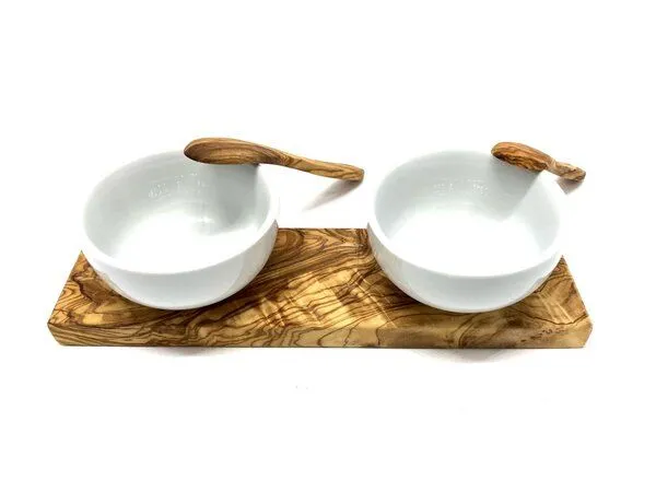 Olivenholz erleben Olivenholz erleben Dipschalenset KLASSIK Porzellan rund inkl. 2 Löffel aus Olivenholz – Produktbild 3 von 4