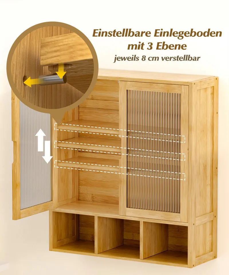 Yorbay Hängeschrank Bambus Badezimmerschrank (59x22x66 cm, Magnetverschluss & verstellbare Regale) Wandschrank mit Doppeltüren, Bambus, – Produktbild 3 von 5