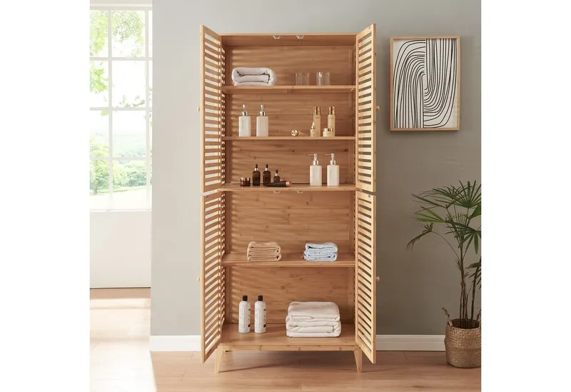 en.casa Mehrzweckschrank Badezimmerschrank »Raurgela« 180x80x40 cm Bambus, Beige, – Produktbild 3 von 4