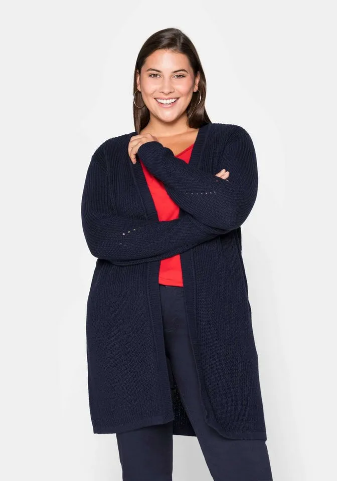 sheego sheego Strickjacke Longstrickjacke Langarm aus Grobstrick, in offener Form, Blau, – Produktbild 2 von 3