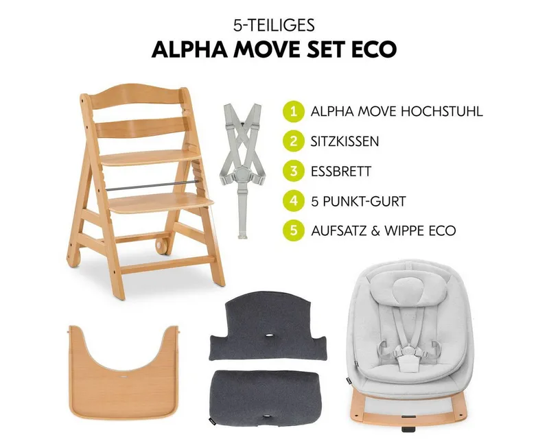 Hauck Hauck Hochstuhl Alpha Move Natur Newborn Set - Natur, Holz Babystuhl ab Geburt mit Neugeborenensufsatz, Sitzkissen, Essbrett – Produktbild 2 von 5