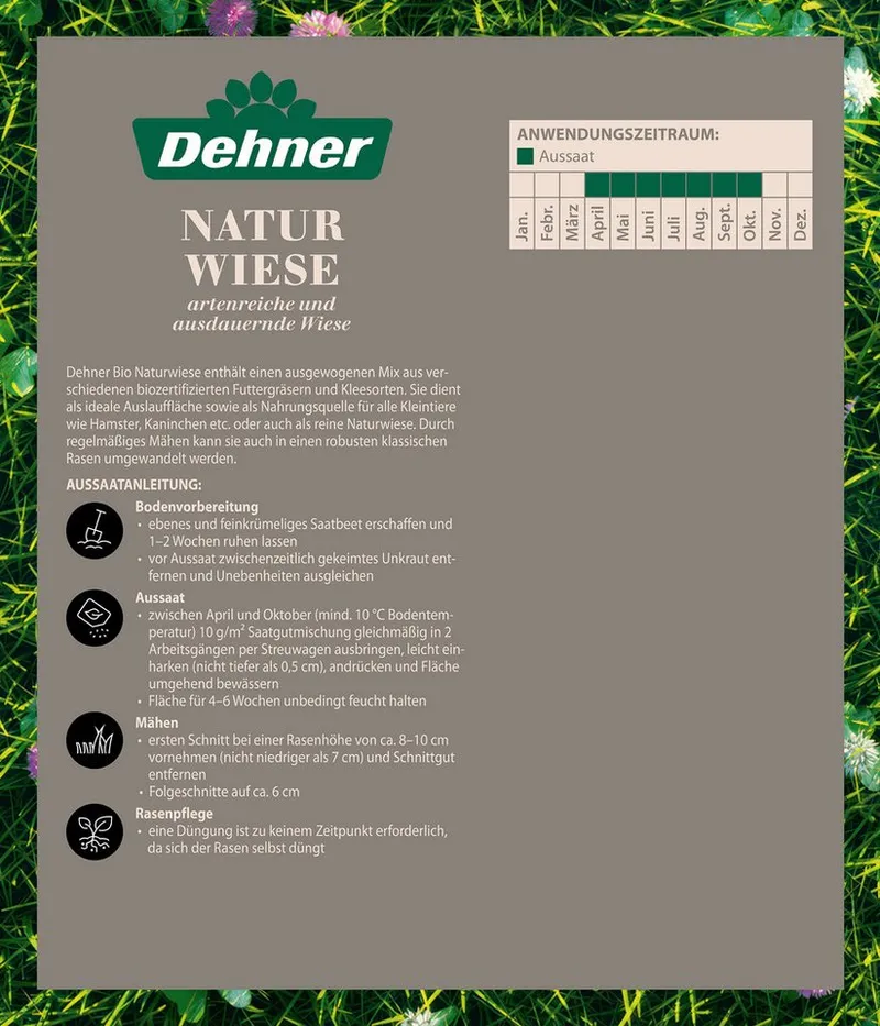 Dehner Rasensamen Bio Saatgut Naturwiese, insektenfreundlich, pflegeleicht, 250 g, 25 m², strapazierfähig, für naturnahe Gärten, lebendige Naturflächen – Produktbild 4 von 5