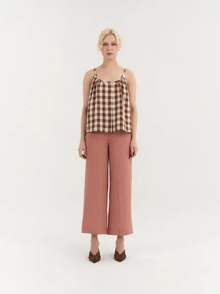 AmourLinen AmourLinen Leinen-Top mit Knöpfen MARIS, Mocha gingham (braun), – Produktbild 1 von 1