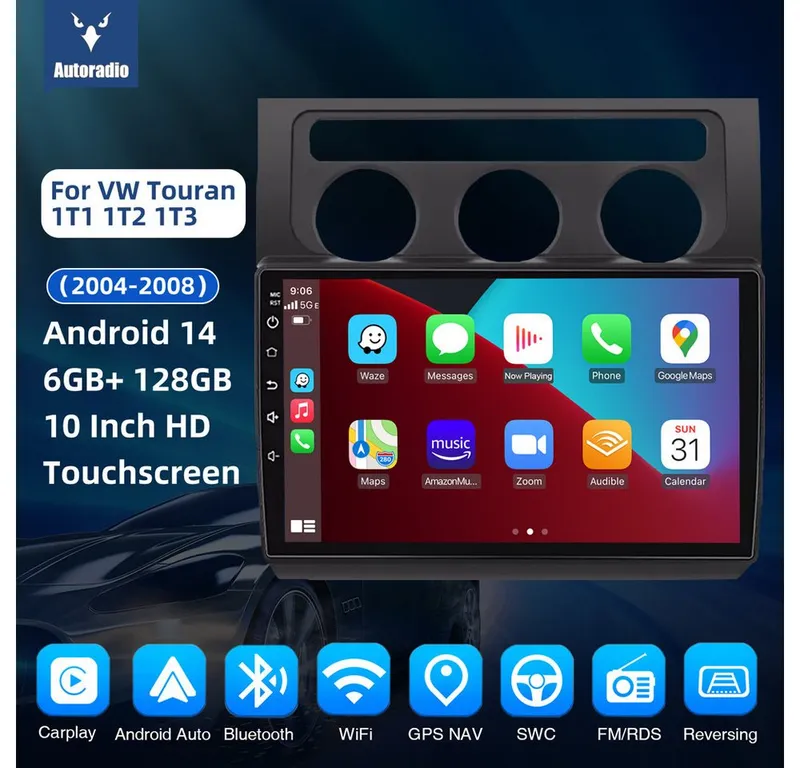 ESSGOO 6+128GB Für VW Touran 1T1 1T2 1T3 03-10 Android 14 8-Kern Autoradio (RDS, Digitalradio (DAB), FM, AM, Carplay Android Auto Navi 4G LTE WIFI 8-Kern), Schwarz, – Produktbild 3 von 5