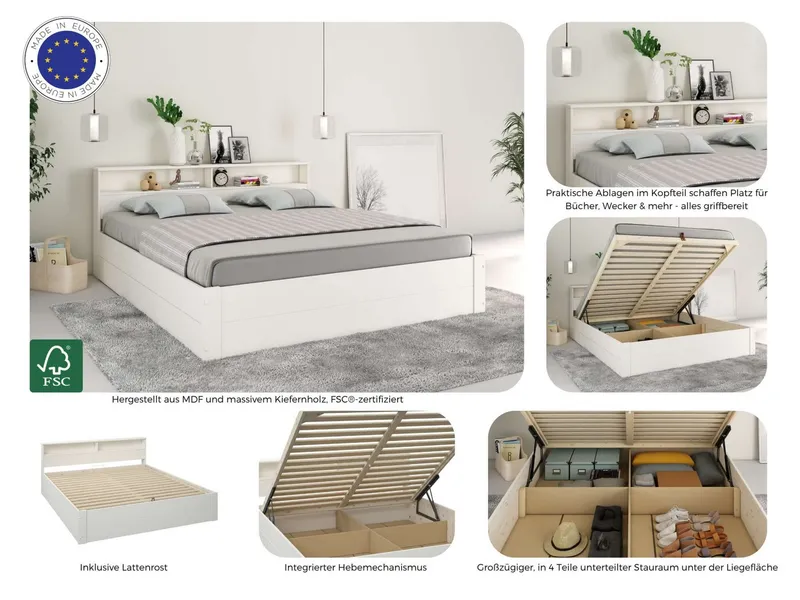 OTTO home Stauraumbett MAREILLES, Bett, Made in Europe, FSC® zertifiziertes Massivholz (140x200cm und 180x200cm), Massivholz, Hebemechanismus, Stauraum im Kopfteil und unter dem Bett, Weiß, – Produktbild 3 von 8