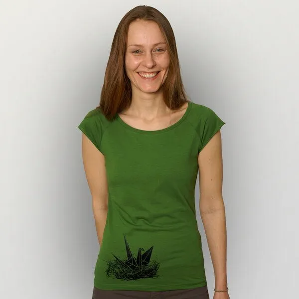 HANDGEDRUCKT HANDGEDRUCKT RESTPOSTEN "Origami-Kranich" Bamboo Frauen T-Shirt, Leaf green, – Produktbild 1 von 2