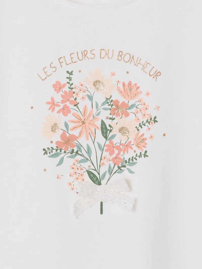 Vertbaudet T-Shirt mit Tüllärmeln und Blumenmotiv, Weiß, – Produktbild 3 von 4