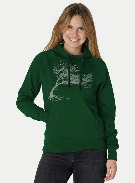Peaces.bio - handbedruckte Biomode Peaces.bio - handbedruckte Biomode Bio-Damen-Kapuzensweater "Windytree", Flaschengrün, – Produktbild 1 von 3