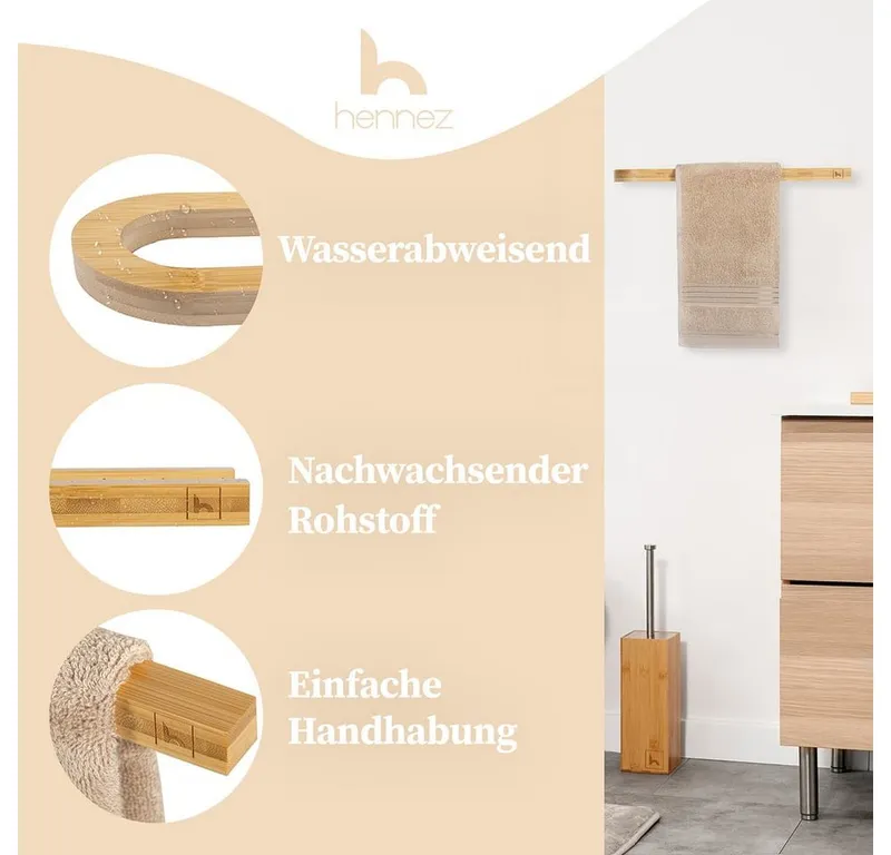 HENNEZ Handtuchhalter Handtuchstange ohne Bohren - Handtuchhalter Wand, Handtuchhalter Bad aus Bambus, Braun, – Produktbild 5 von 5