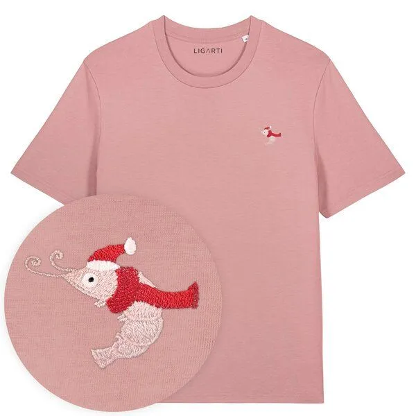 LIGARTI Besticktes T-Shirt – Jean-Luc die Weihnachtsgarnele – LIGARTI Tiermanufaktur, Altrosa, – Produktbild 1 von 3