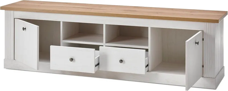 OTTO home Wohnwand Westminster, Anbauwand im Landhausstil, Komplettset, Wohnzimmer-Set, (Set, 4-St), Set besteht aus 2 Vitrinen, 1 Lowboard und 1 Wandregal, Weiß, – Produktbild 4 von 5