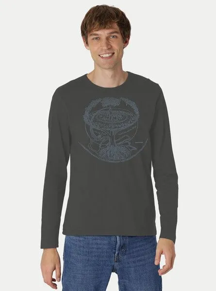 Peaces.bio - handbedruckte Biomode Peaces.bio - handbedruckte Biomode Bio-Herren-Langarmshirt "Weltenesche", Graphitgrau, – Produktbild 2 von 2