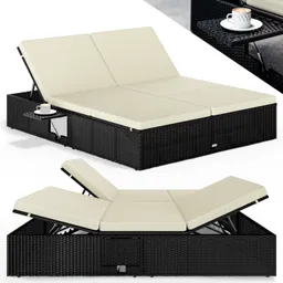Casaria® Casaria® Polyrattan Sonnenliege Schwarz/Creme 200x160x33cm – Produktbild 1 von 1