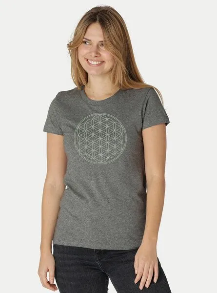 Peaces.bio - handbedruckte Biomode Peaces.bio - handbedruckte Biomode Bio-Damen-T-Shirt Die Blume des Lebens, Dunkelgrau, – Produktbild 2 von 3