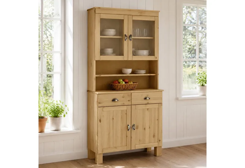 Home affaire Küchenbuffet Oslo 85 cm breit, aus massiver Kiefer, mit 2 Glastüren, Metallgriffe, Beige, – Produktbild 1 von 5