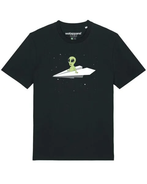 watapparel watapparel T-Shirt Unisex Alien on a paper plane, Black, – Produktbild 1 von 3
