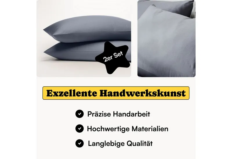 Seralino Kissenbezüge Mako Satin Kissenbezug (100% Bio Baumwolle) weich, hautfreundlich, (2 Stück), Fairtrade/ GOTS zertifizierte uni Kissenhülle mit Reißverschluss, Blau, – Produktbild 2 von 5