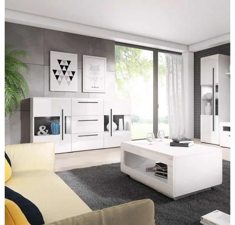 Lomadox Sideboard TURDA-83, weiß Hochglanz modern mit Absetzungen in schwarz 180/103/39 cm, Weiß, – Produktbild 4 von 5