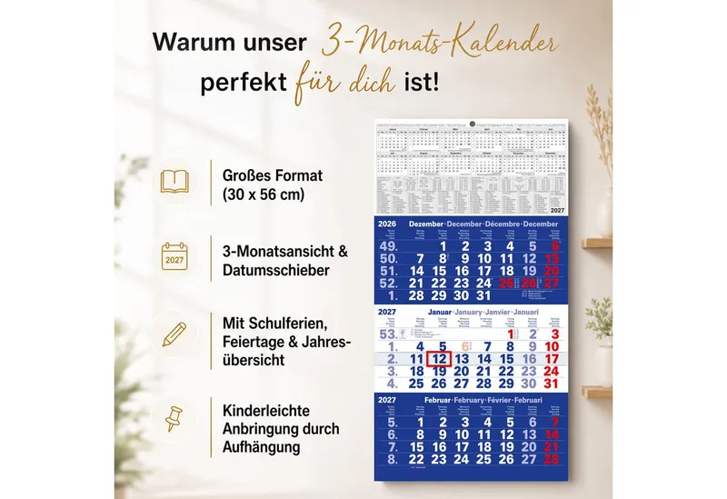 TOBJA Wandkalender 3 Monatskalender 2027 Blau mit Datumsschieber 30x56 FSC, Blau, Datumsschieber, Schulferien DE+AT, 4-sprachig, FSC-zertifiziert – Produktbild 2 von 5