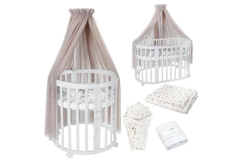 Waldin Waldin Babybett Oval 7in1 mitwachsend, Beistellbett, Matratze, Rollen, Braun, – Produktbild 1 von 5