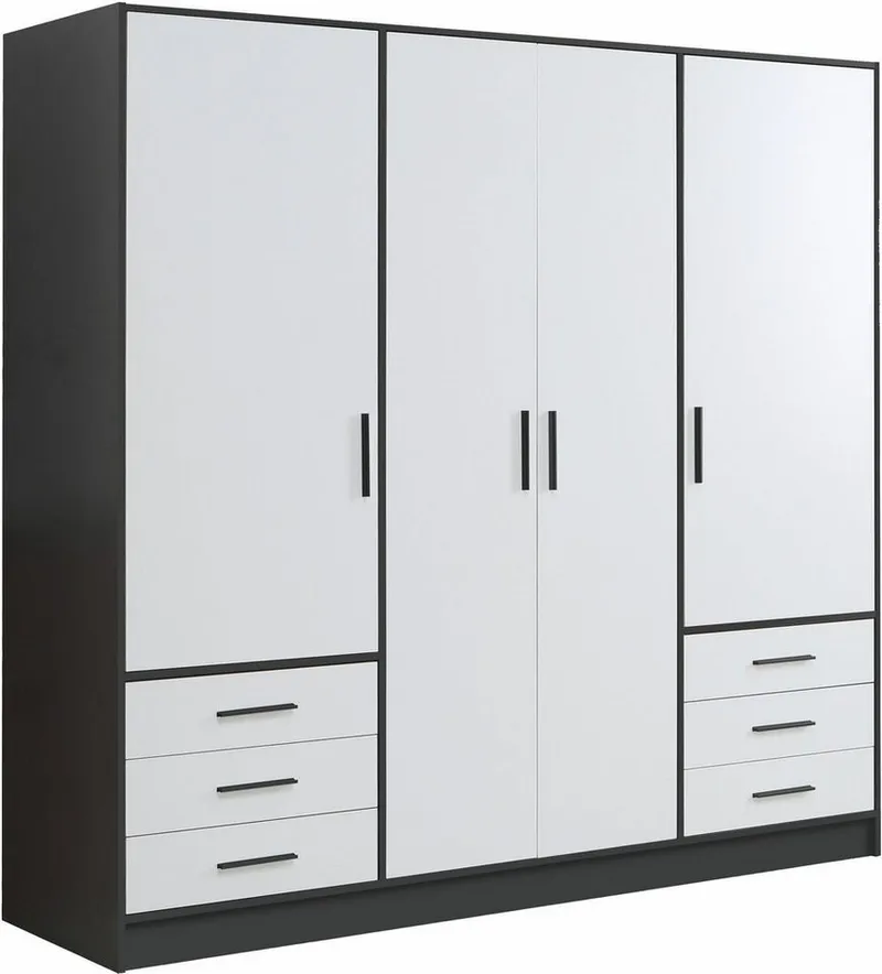 FORTE Kleiderschrank Jupiter, Made in Europe, mit 6 Schubladen, Stauraum (Maße B/H/T ca. 207/200 cm/60) Stauraum, 2 Breiten, 4 Farben, Schubladen, variable Einlegeböden, Schwarz|weiß, – Produktbild 2 von 5