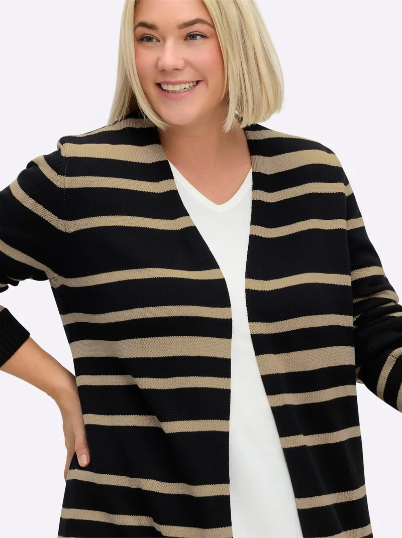 sheego Longstrickjacke, Schwarz-beige-gestreift, – Produktbild 2 von 2