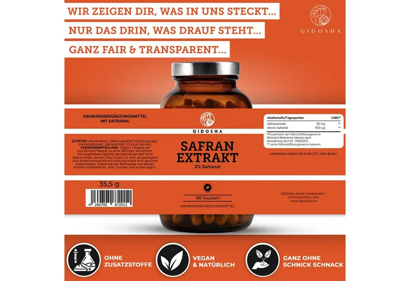 QIDOSHA Safran Kapseln 30 mg Hartkapsel, 1 er 180 St., 35,5 g, Safran-Extrakt aus Crocus sativus mit Safranal & Crocin – Produktbild 4 von 5
