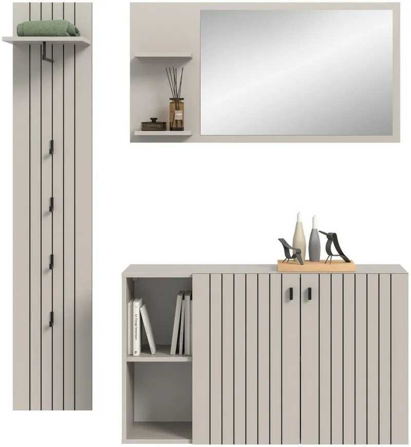 xonox.home Garderoben-Set, (3-tlg. Schuhkommode, Garderobenspiegel & Garderobenpaneel), in Kaschmir Nachbildung B/H/T ca.: 152/192/37 cm, Braun, – Produktbild 3 von 5