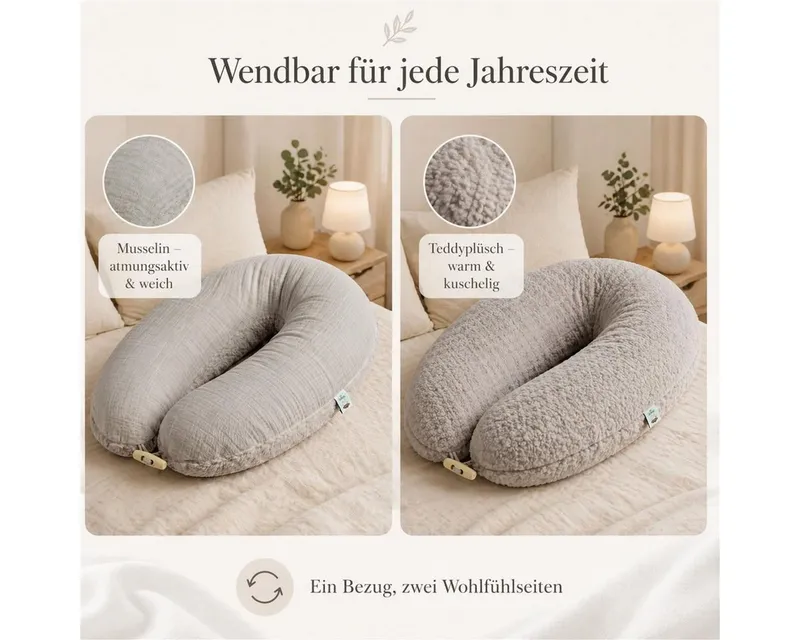 SEI Design Stillkissen Musselin GOTS & Teddyplüsch, Faserbällchen, IGR, Grau, 190x35, Schwangerschaftskissen mit Bezug, 1-tlg., Schwangerschaftskissen mit Bezug, Bezug Musselin Baumwolle, Grau, – Produktbild 5 von 5