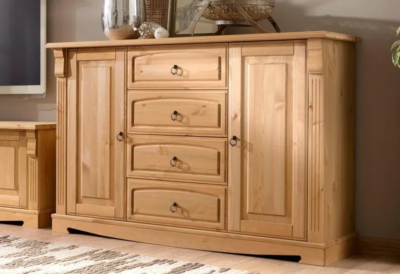 OTTO home Sideboard Anna, Kommode, im Landhausstil, Made in EU (Gesamtmaße (B/T/H): ca. 140/44/88 cm), Kommode, Breite 140 cm, 4 Schubladen, 2 Türen, Massivholz, FSC®, Beige, – Produktbild 3 von 5