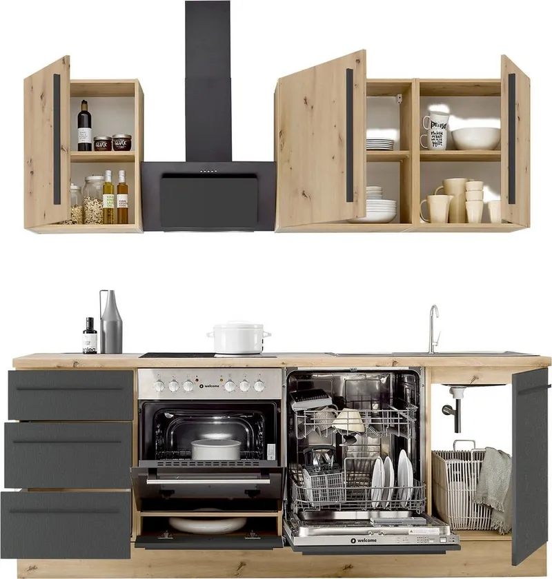 KOCHSTATION Küchenzeile KS-Florida mit 38mm starker Arbeitsplatte, Breite 220 cm, wahlweise mit E-Geräten, Soft-Close-Funktion, Schwarz, – Produktbild 5 von 5