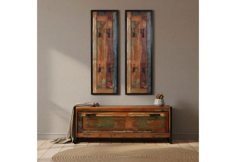 SIT Garderobenpaneel Ubud aus Altholz mit 4 Doppelhaken im Vintage-Look, Gefertigt aus Holz alter Fischerboote – jedes Paneel ein Unikat, Bunt, – Produktbild 1 von 4