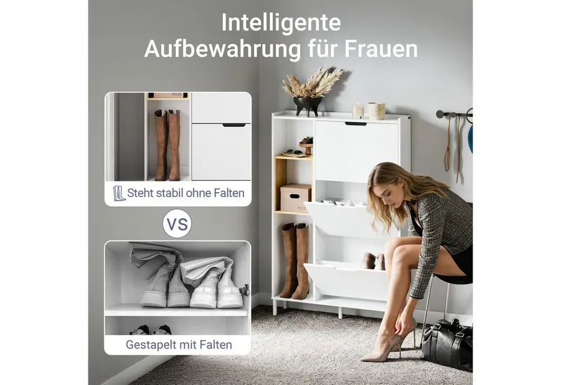 SoBuy Schuhschrank FSR209, Schuhkipper mit 3 Klappen, Schuhregal Schuhablage Schuhkommode Schuhschrank schmal, mit 3 Klappen, zusätzlichen Fächern, Bambus, Holz, Weiß, – Produktbild 4 von 5