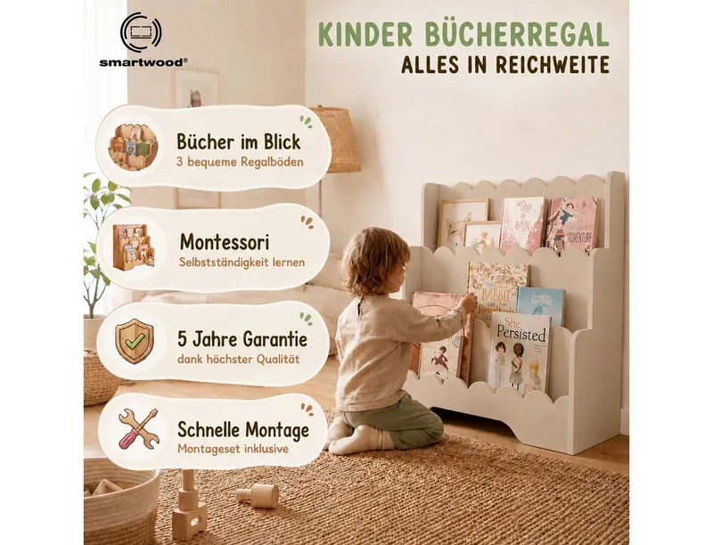 Smartwood Kinderregal Montessori, Bücherregal Kinder, FSC-Kiefernholz, Kaschmir, LULU, Kaschmir, – Produktbild 2 von 5