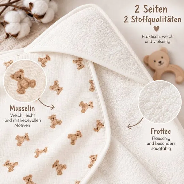 Bebekevi Bebekevi Baby Kapuzenbadetuch 75 × 75 cm aus Musselin & Frottee | Weiche Musselin-Innenseite | inkl. Waschhandschuh | Gemustert, Naturweiß teddybär, – Produktbild 3 von 3